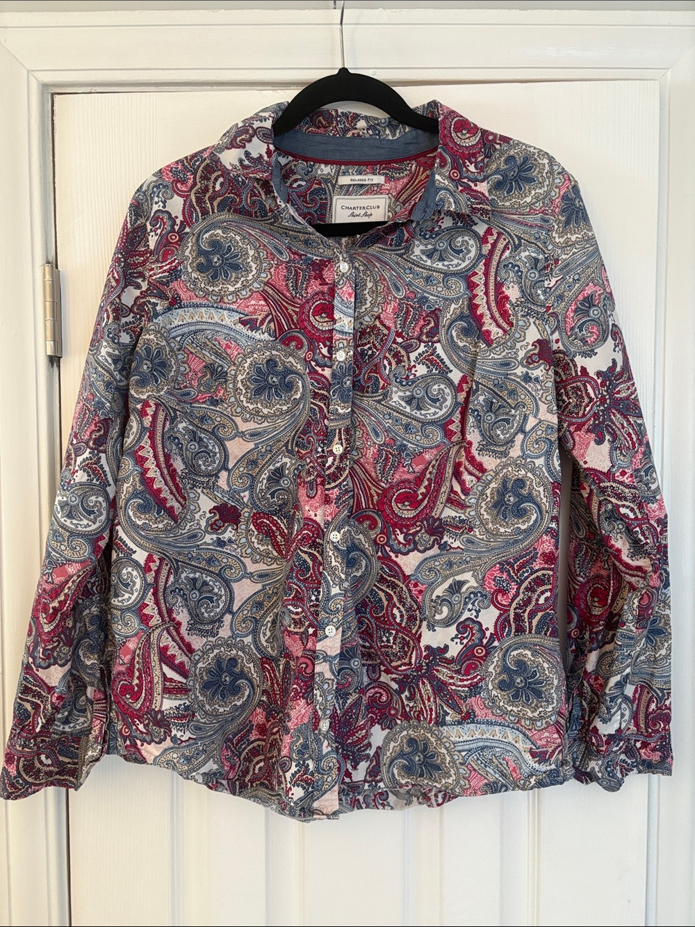 Charter Club Relaxed Fit Paisley Button Down Shirt Sz 14 Pink Blue Cotton Top